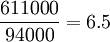 \frac{611000}{94000}=6.5