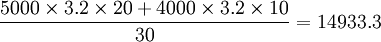 \frac{5000\times3.2\times20+4000\times3.2\times10}{30}=14933.3